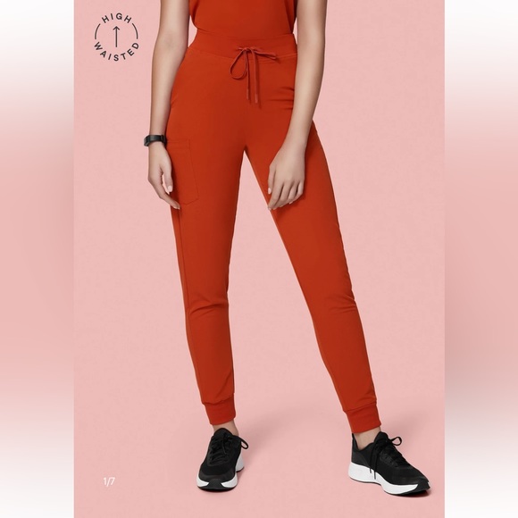 Mandala XS Tall high waisted jogger style scrub bottoms in Rust - Picture 2 of 4